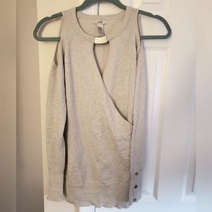 Cache Glittered Knit Dressy Top Cold Shoulder M Gold Silver Moc Wrap Sweater- M